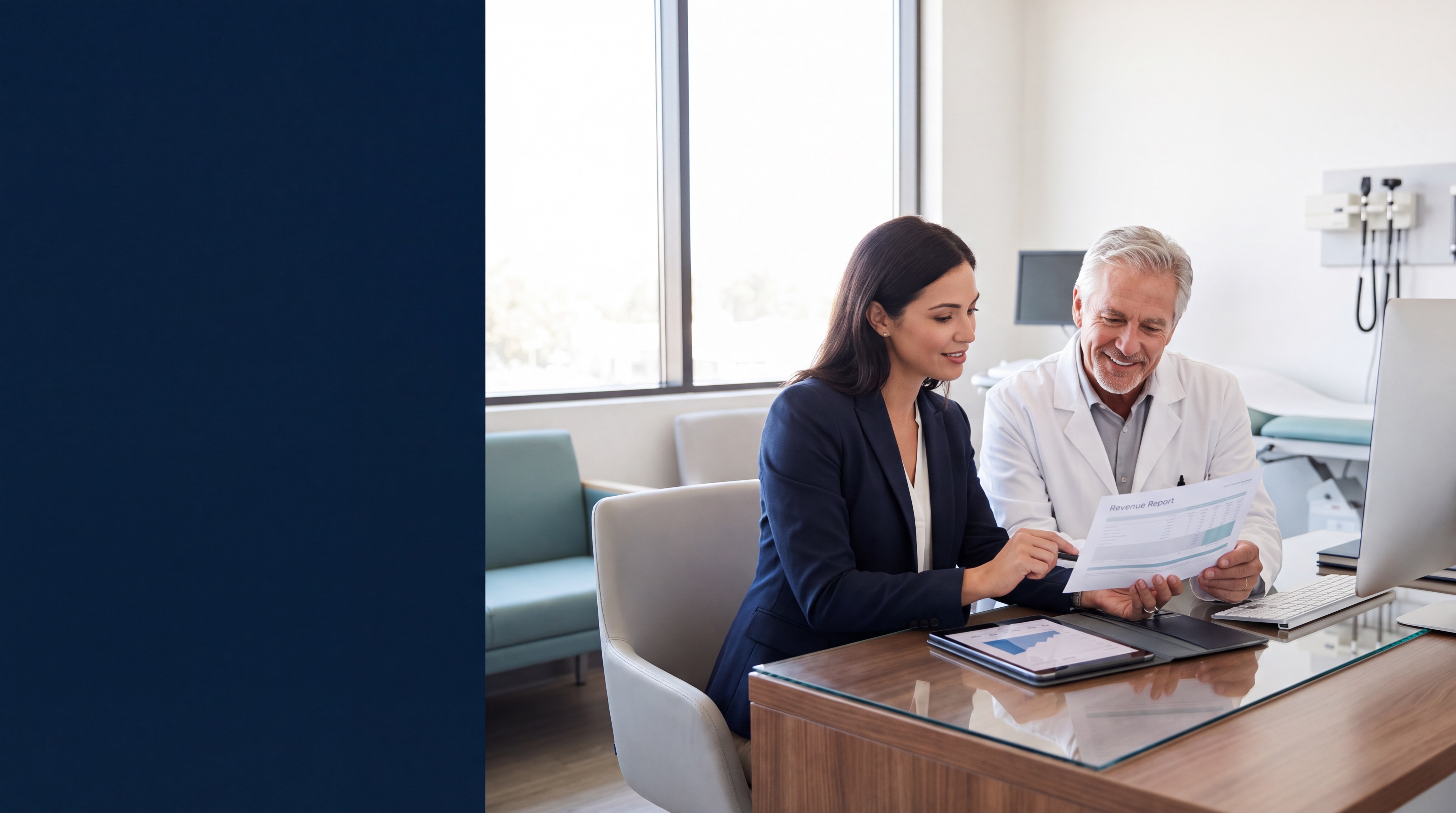 A practice administrator and physician reviewing a revenue report together