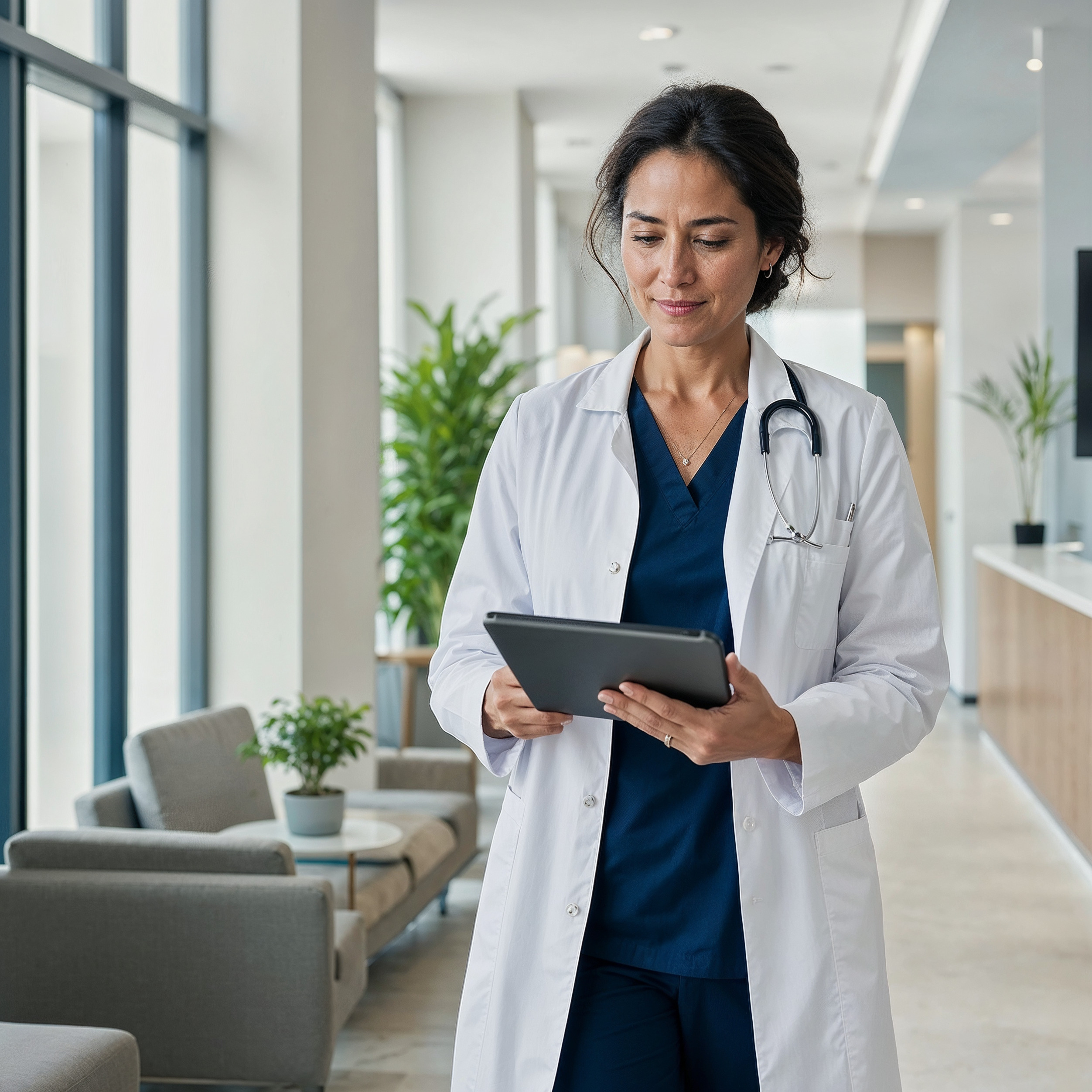 Healthcare professional coordinating patient and practice support from a clinical office